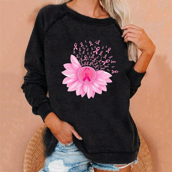 Lilgiuy Women Sweatshirts Breast Cancer Awareness Long Sleeve Pullover Tops Casual Pink Ribbon Floral Print Hoodless Loose Fit Sweatshirts(S-2XL)