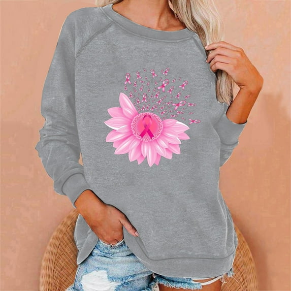 Lilgiuy Women Sweatshirts Breast Cancer Awareness Long Sleeve Pullover Tops Casual Pink Ribbon Floral Print Hoodless Loose Fit Sweatshirts(S-2XL)