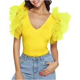 thumbnail image 1 of Lilgiuy Women Trendy Charming Casual Solid Color Ruffle Short Sleeve V-Neck Backless Slimming Bodysuit for Everyday Wear, 1 of 4