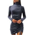 thumbnail image 1 of Lilgiuy Women Turtleneck Bodycon Dresses Long Sleeve Sweater Elegant Mini Party Sheath Ruched Dress Fall Drawstring Dark Gray, 1 of 8