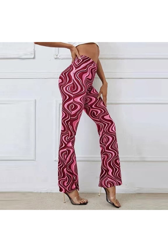 Women Vintage Flare Pants Casual Solid Color Floral Print High Waist Comfy Stretchy Loose Fits Yoga Bell Bottom Trousers for Cocktail Party Vacation Red(S-2Xl)