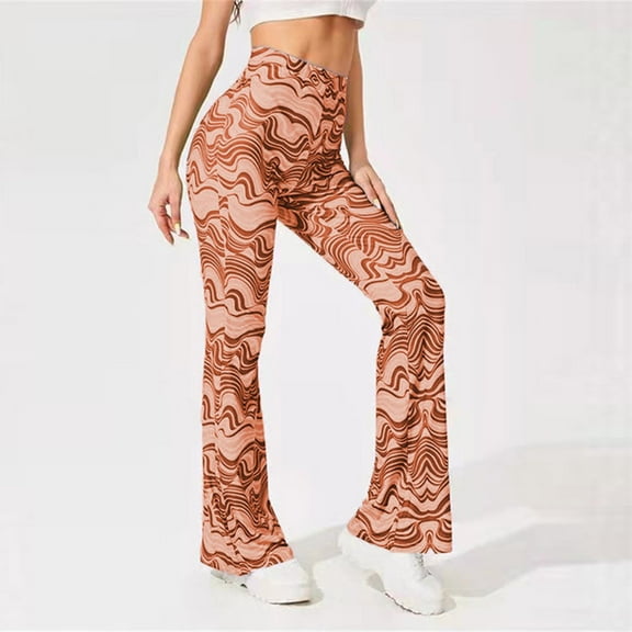Lilgiuy Women Vintage Flare Pants Casual Solid Color Floral Print High Waist Comfy Stretchy Loose Fits Yoga Bell Bottom Trousers for Cocktail Party Vacation Orange(S-2Xl)
