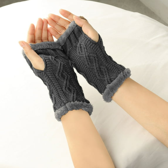 Lilgiuy Women Winter Knit Fingerless Gloves Solid Color Stretchy Short Fingerless Thumb Hole Wrist Arm Warmer Mitten Gifts for Your Girlfriend Wife Mom Dark Gray