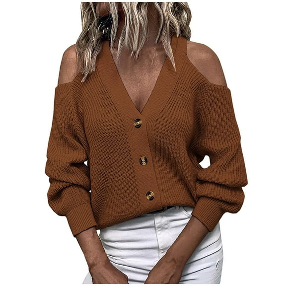 Lilgiuy Women Winter Solid Long Sleeve Button V-Neck Casual Sweater Tops,Coffee,4(S) Winter Dresses for 2022