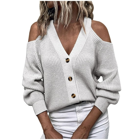 Lilgiuy Women Winter Solid Long Sleeve Button V-Neck Casual Sweater Tops,Gray,6(M) Fall Dresses for 2022 Spring Winter