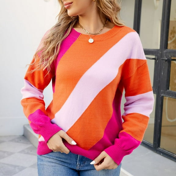 Lilgiuy Women Winter Sweater Patchwork Round Neck Loose Knit Shirt for Cold Weather