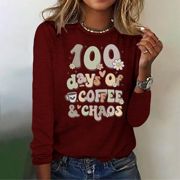 Lilgiuy Women's 100 Days of School T Shirts Casual Solid Color Letter Print Long Sleeve Sweatshirt Fun Plus Size Outfit 2024 Crewneck Tops (Wine,L)