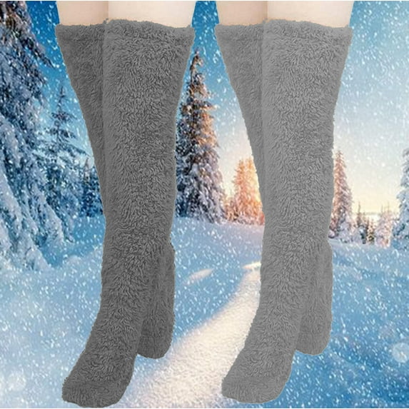 Lilgiuy Women's 2 Pairs High Fuzzy Socks Over Knee Winter Christmas Home Sleeping Sock, Winter Furry Leg Warmers Plush Slipper Socks
