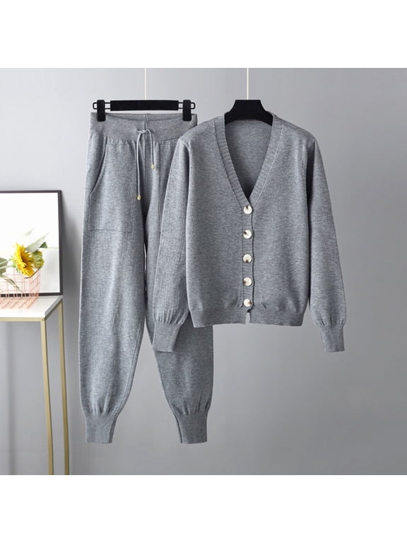 Women's 2 Piece Outfits Oversized Sweater Set Leisure Sets Knit Cardigan V Neck Sweaters and Drawstring Pants Leisurewear with Pockets for New Year Thanksgiving