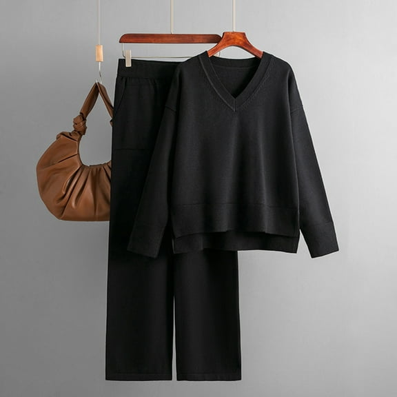 Lilgiuy Women's 2 Piece Outfits Solid Color Long Sleeve V Neck Knit Pullover Tops and Elastic Waist Pant Leisure Set for Home Office