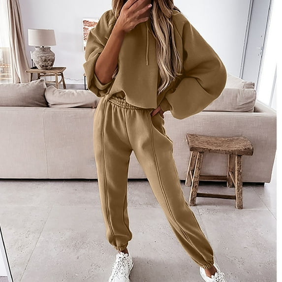 Lilgiuy Women's 2 Piece Outfits Sweatsuit Casual Solid Color Long Sleeve Crewneck Top with Jogger Pants Lounge Sets for Sports