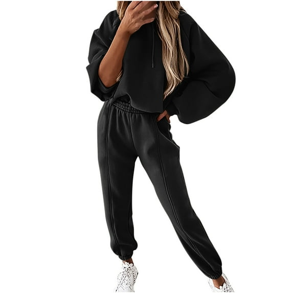 Lilgiuy Women's 2 Piece Outfits Sweatsuit Casual Solid Color Long Sleeve Crewneck Top with Jogger Pants Lounge Sets for Sports