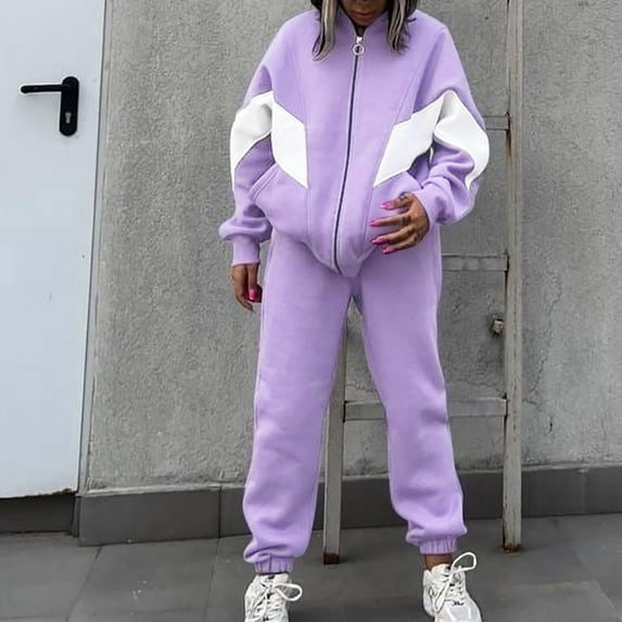 Lilgiuy Women's 2 Piece Outfits Sweatsuit Fashion Solid Color Oversized Sleeve Lounge Sets Casual Zipper Top and Pants Set with Pocket