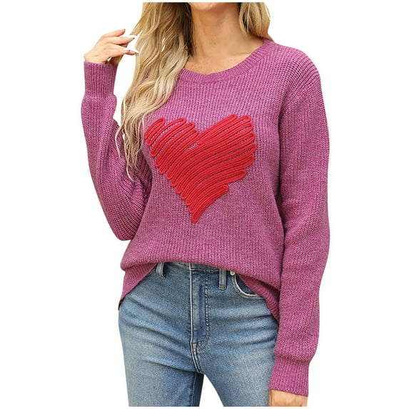 Lilgiuy Women's 2023 Fall Long Sleeve Crew Neck Solid Color Retro Heart Print Oversized Casual Knitted Pullover Tops for Christmas Halloween
