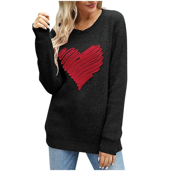 Lilgiuy Women's 2023 Fall Long Sleeve Crew Neck Solid Color Retro Heart Print Oversized Casual Knitted Pullover Tops for Cold Weather