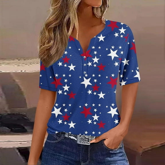 Lilgiuy Women's 4th of July T-Shirts Dressy Buttons Tunic Tops Short Sleeve American Flag Print Blouses V Neck Summer Cute Festival Clothes(Blue,XL)