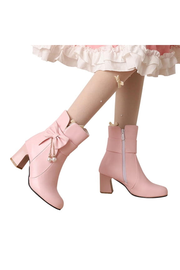 Women's Ankle Boots Thick Heel Fall Winter Bow Tassel Lorita Round Toe Short Booties for Women