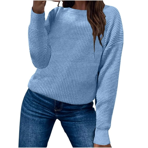 Lilgiuy Women's Autumn And Winter Casual Round Neck Long Sleeve Solid Color Sweater Tops Blouse,Blue,8 2022 Fall Winter