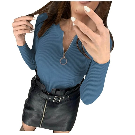 Lilgiuy Women's Autumn And Winter Casual Zipper Round Neck Long Sleeve Solid Color Sweater Tops Blouse,Blue,10(XL) Winter Fashion 2022