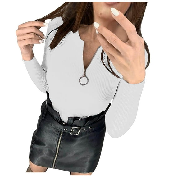 Lilgiuy Women's Autumn And Winter Casual Zipper Round Neck Long Sleeve Solid Color Sweater Tops Blouse,White,4(S) Fall Clothes for 2022 Spring Winter