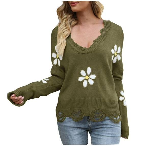 Lilgiuy Women's Autumn And Winter Long Sleeves Casual Knitted Sweater Printed V-neck,Green,10 Winter Clothes for 2022