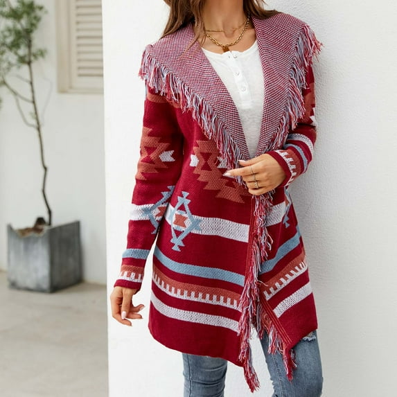 Lilgiuy Women's Autumn And Winter Long Sleeves Hooded Print Tassel Irregularity Knitted Sweater Cardigan Coat Red,6(M) for 2022