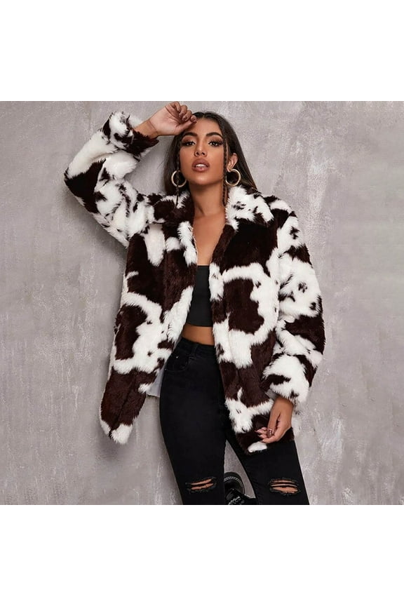 Women's Autumn And Winter New Harajuku Style Cow Pattern Imitation Coat Women's Jacket Loose Coat for Wedding