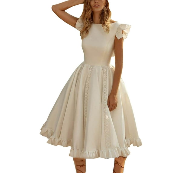 Lilgiuy Women's Autumn Mid-Length Evening Dress Fluttering Sleeve Dress White,10 Fall Dresses for 2022 Spring Winter