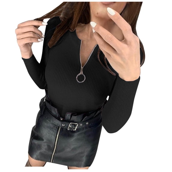 Lilgiuy Women's Autumn And Winter Casual Zipper Round Neck Long Sleeve Solid Color Sweater Tops Blouse, Black ,4(S) Fall Clothes for 2022 Spring Winter