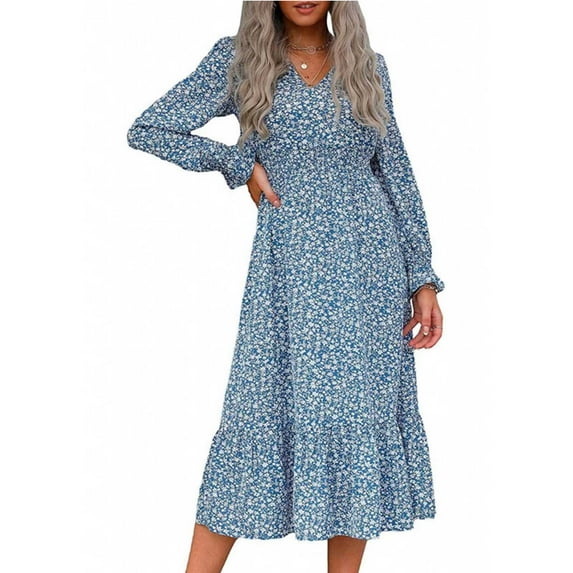 Lilgiuy Women's Autumn Winter Floral Long Sleeves V-Neck Ruffled Flared Sleeves Dress Blue 2022 Fall Winter
