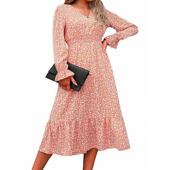 Lilgiuy Women's Autumn Winter Floral Long Sleeves V-Neck Ruffled Flared Sleeves Dress Pink 2022 Fall Winter