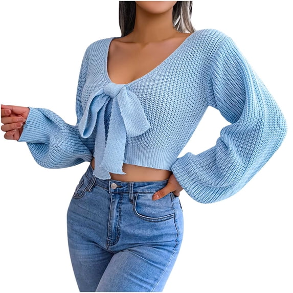 Lilgiuy Women's Autumn Winter Long Sleeve Solid Blouse V-Neck Bow-Knot Sweater Tops,Blue,4 2022 Fall Winter