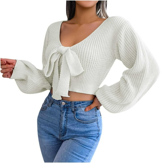 Lilgiuy Women's Autumn Winter Long Sleeve Solid Blouse V-Neck Bow-Knot Sweater Tops,White,6 2022 Fall Winter