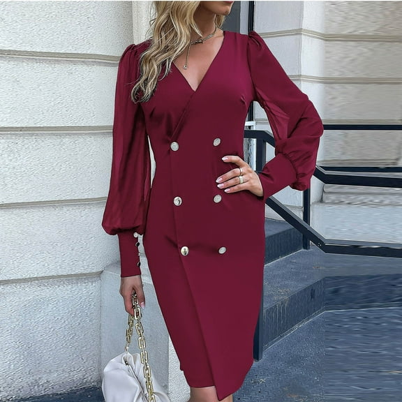 Lilgiuy Women's Autumn Winter Solid Blouse V-Neck Button Long Sleeve Dress Wine Fashion for 2022 Spring Winter