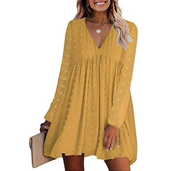 Lilgiuy Women's Autumn Winter Solid Blouse V-Neck Chiffon Long Sleeve Dress Yellow Fall Fashion for 2022 Spring Winter