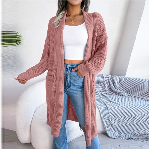 Lilgiuy Women's Autumn Winter Solid Lapel-Neck Long Cardigan Sweater Coat Tops Pink,6(M) Winter Dresses for 2022