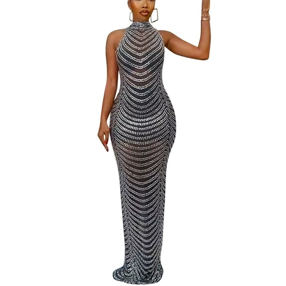 Lilgiuy Women's Backless Nightclub Party Dress With Hot Drilling Perspective Long Dress 2022 Fall Winter