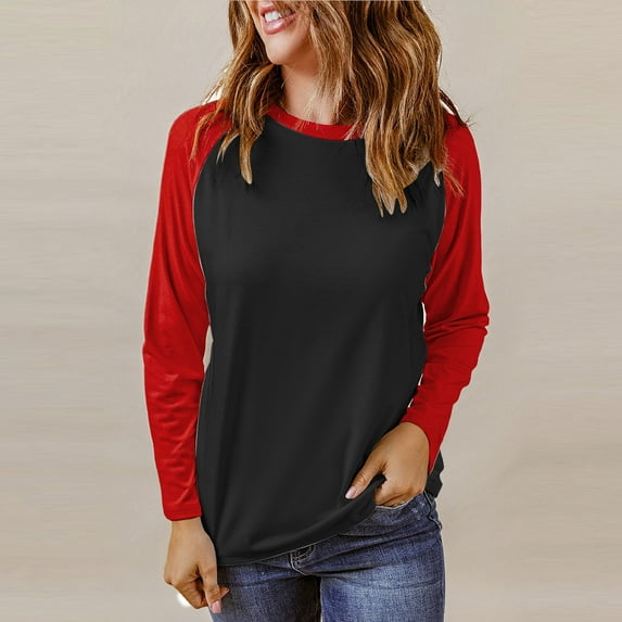 Lilgiuy Women's Blouse Spring Patchwork Long Sleeves Round Neck Casual Tee Tops Dressy for Work