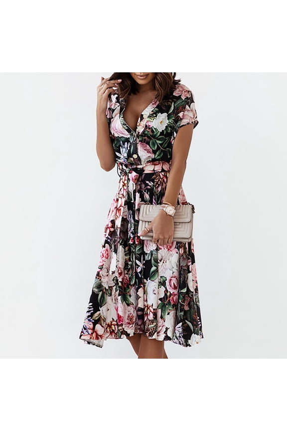 Women's Bohemian V-neck Loose Short Sleeve Print Long Dress+Belt Black,10 Fall Dresses for 2022 Spring Winter