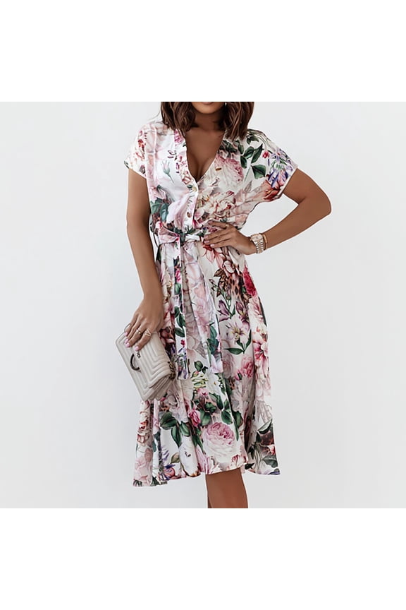 Women's Bohemian V-neck Loose Short Sleeve Print Long Dress+Belt White,6 Fall Dresses for 2022 Spring Winter