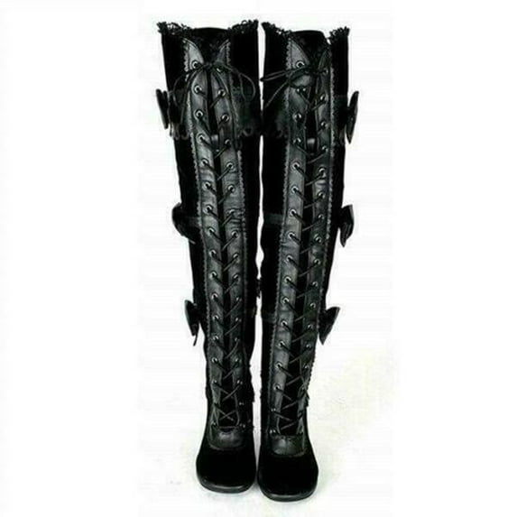 Lilgiuy Women's Bow Tie Ultra High Heel Lace Up Punk Side Zipper Over The Knee Boots