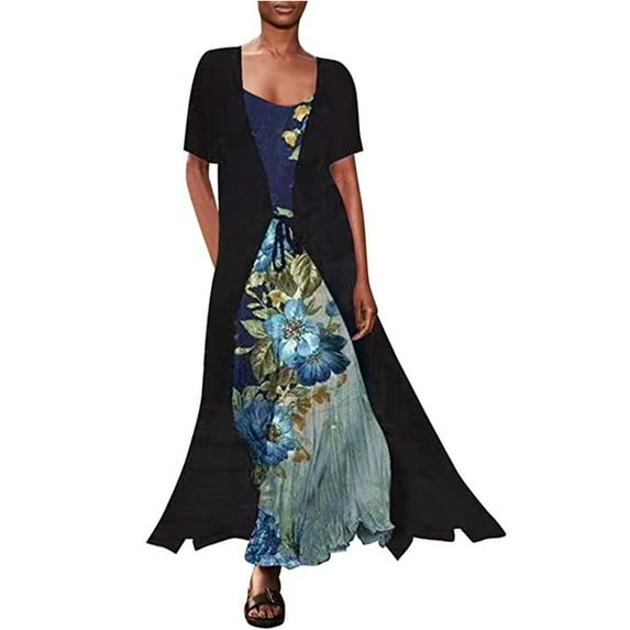 Lilgiuy Women's Casual Chiffon Short Sleeve Loose Shawl Two-Piece Camies Dress With Straps Black,16 2022 Fall Winter