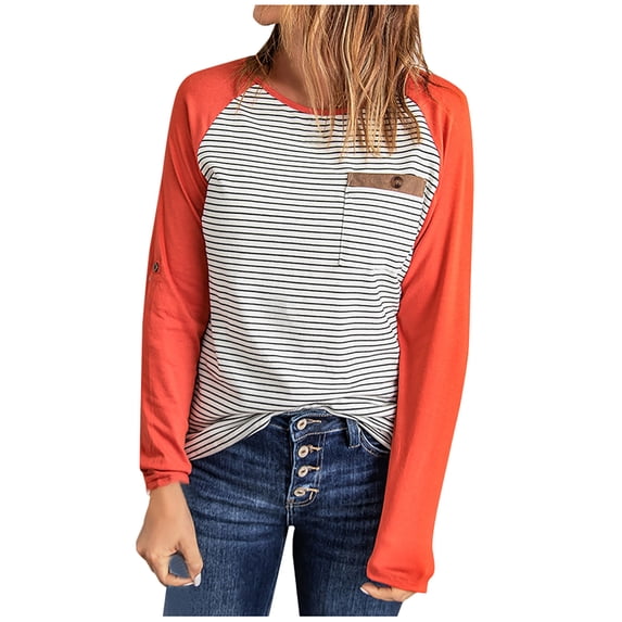 Lilgiuy Women's Casual Fashion Round Neck Long Sleeve Color Matching Pocket Tops Blouse Dressy for Work