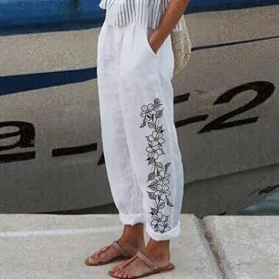 Lilgiuy Women's Casual Floral Printed Waist Long Pants With Pocket for Beach Vacation Travel