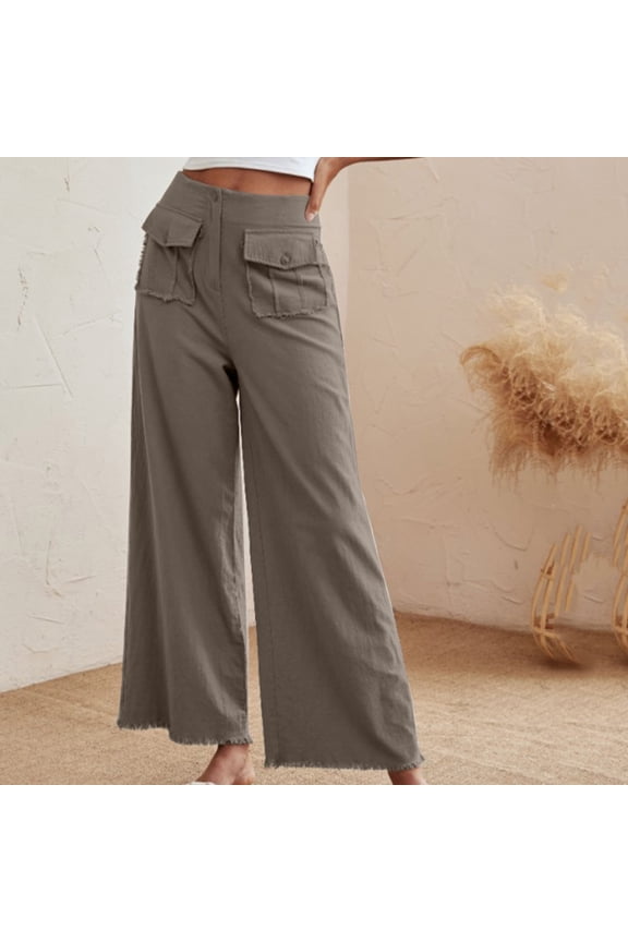 Women's Casual High Waist Style Pants Loose Washed Cotton Linen Wide Leg Pants for Office Work Business