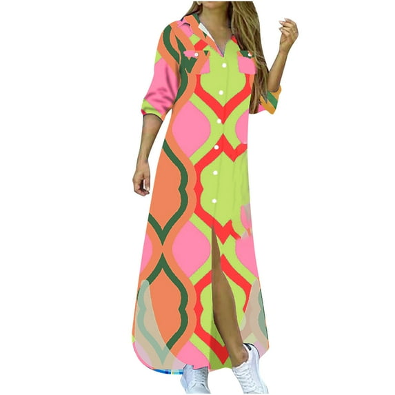 Lilgiuy Women's Casual Lapel Printing Button Single-Breasted Long-sleeve Shirt Split Long Dress Multicolor Fall for 2022 Spring Winter
