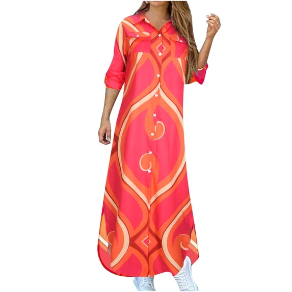 Lilgiuy Women's Casual Lapel Printing Button Single-Breasted Long-sleeve Shirt Split Long Dress Orange 2022 Fall Winter