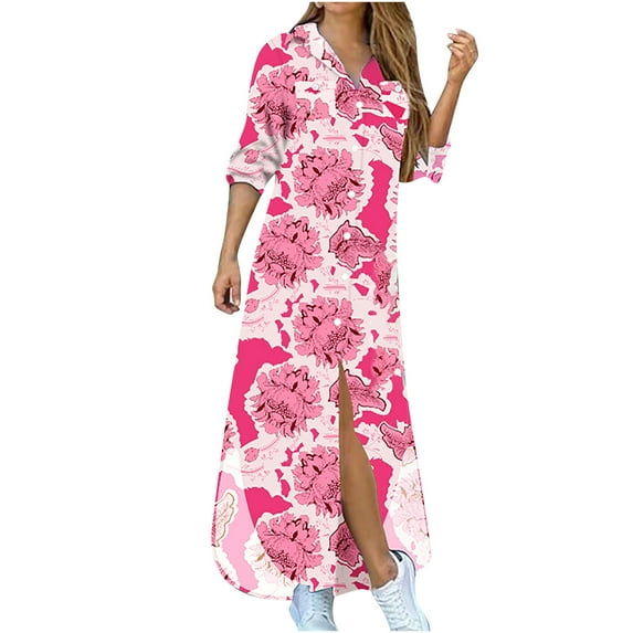 Lilgiuy Women's Casual Lapel Printing Button Single-Breasted Long-sleeve Shirt Split Long Dress Pink 2022 Fall Winter