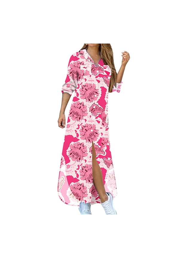 Women's Casual Lapel Printing Button Single-Breasted Long-sleeve Shirt Split Long Dress Pink 2022 Fall Winter