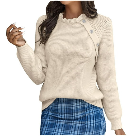 Lilgiuy Women's Casual Long Sleeve Button Wave Neck Knitting Solid Color Pullover Top Crew Neck Sweater,Beige,6(M) for 2022